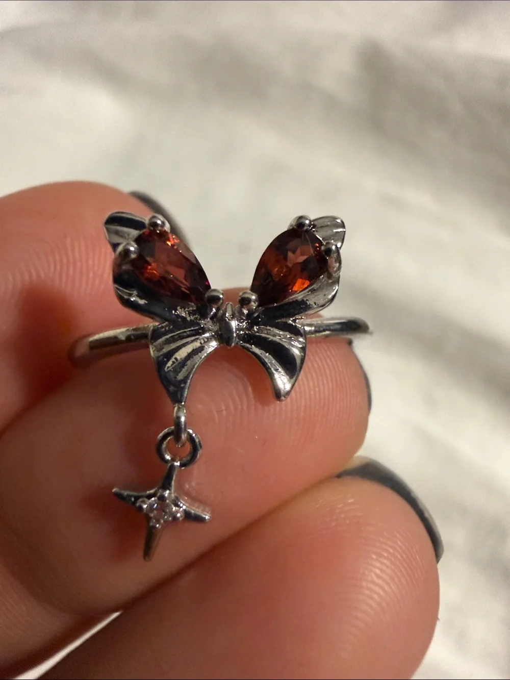 Silver Butterfly Garnet Drop Ring Red Gemstone adjustable ring